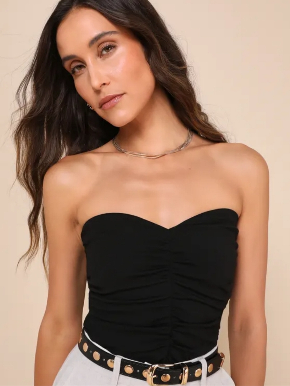 Lulu's Black Ruched Bandeau Top with Thin Straps